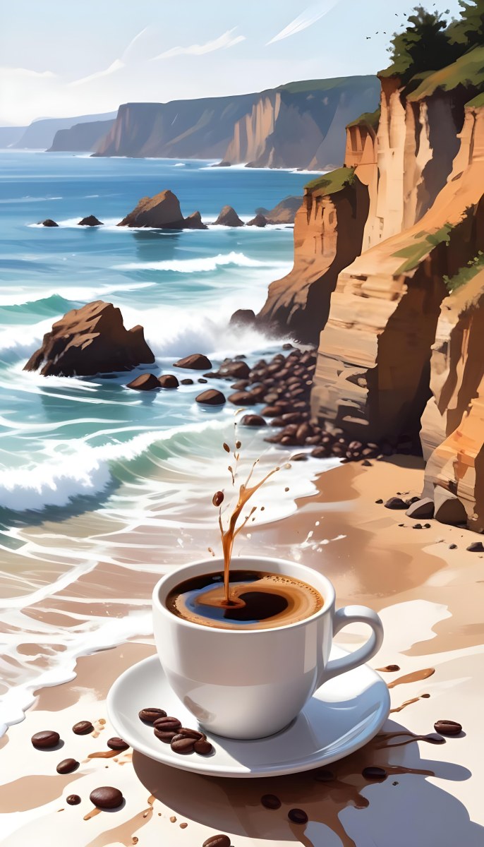 A Cup Of Coffee With Coffee Beans Spilled On A White Surface A Beach With Cliffs In The Background The Coffee Is Splashing Out Of The Cup 8 9c62