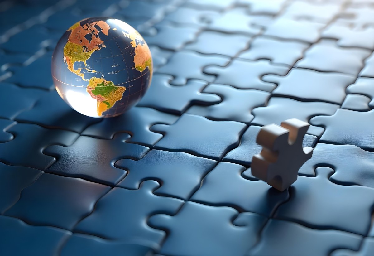 A Glass Globe On Top Of A Blue Puzzle With A Missing Piece Concept Of Global Business And Problem Solving 9 E930