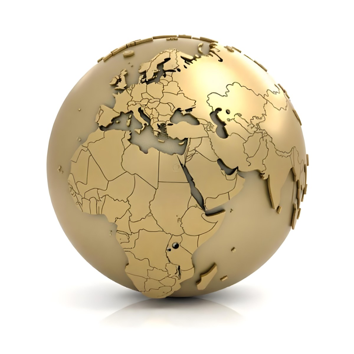 A Golden Globe With The Continents Of Europe Africa And Asia On A White Background With A Reflection On The Floor 14 D512