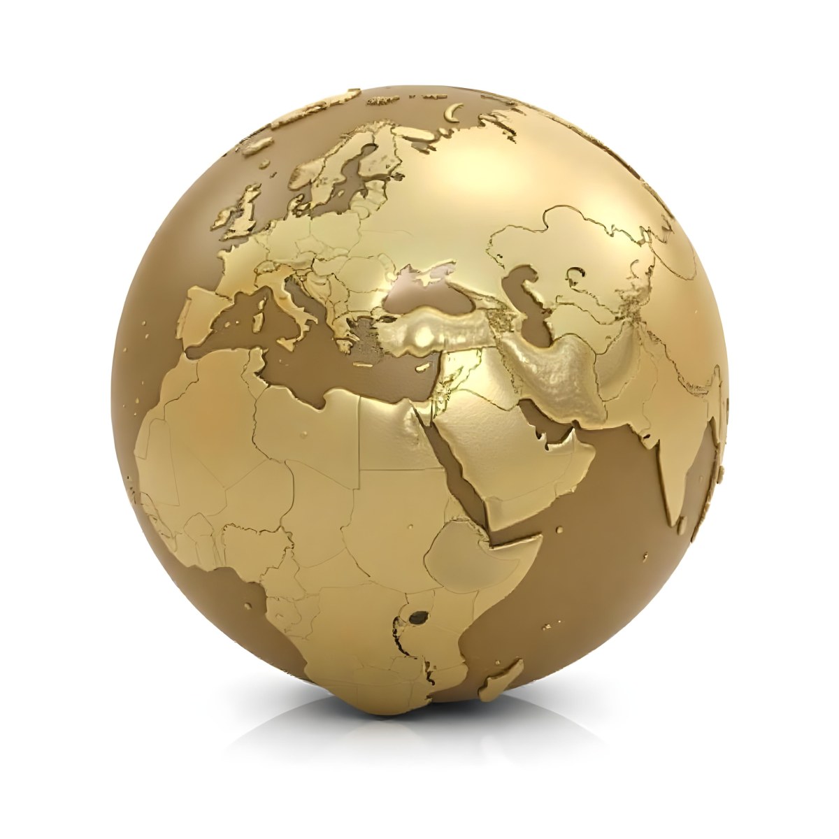 A Golden Globe With The Continents Of Europe Africa And Asia On A White Background With A Reflection On The Floor 15 Ff06