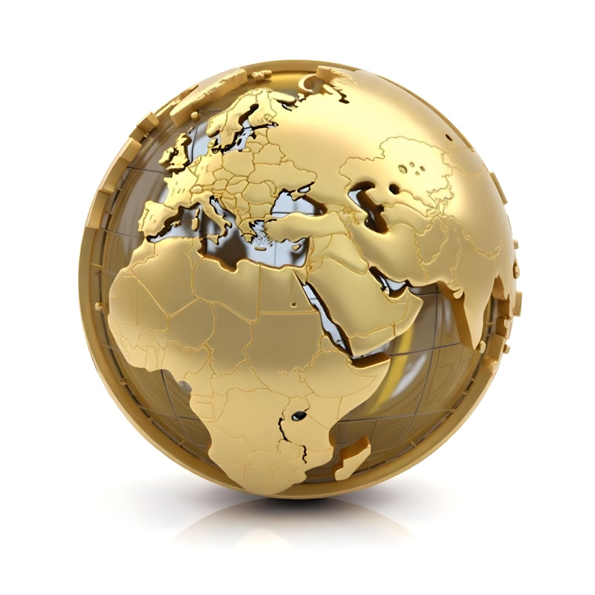 A Golden Globe With The Continents Of Europe Africa And Asia On A White Background With A Reflection On The Floor 18 82d1