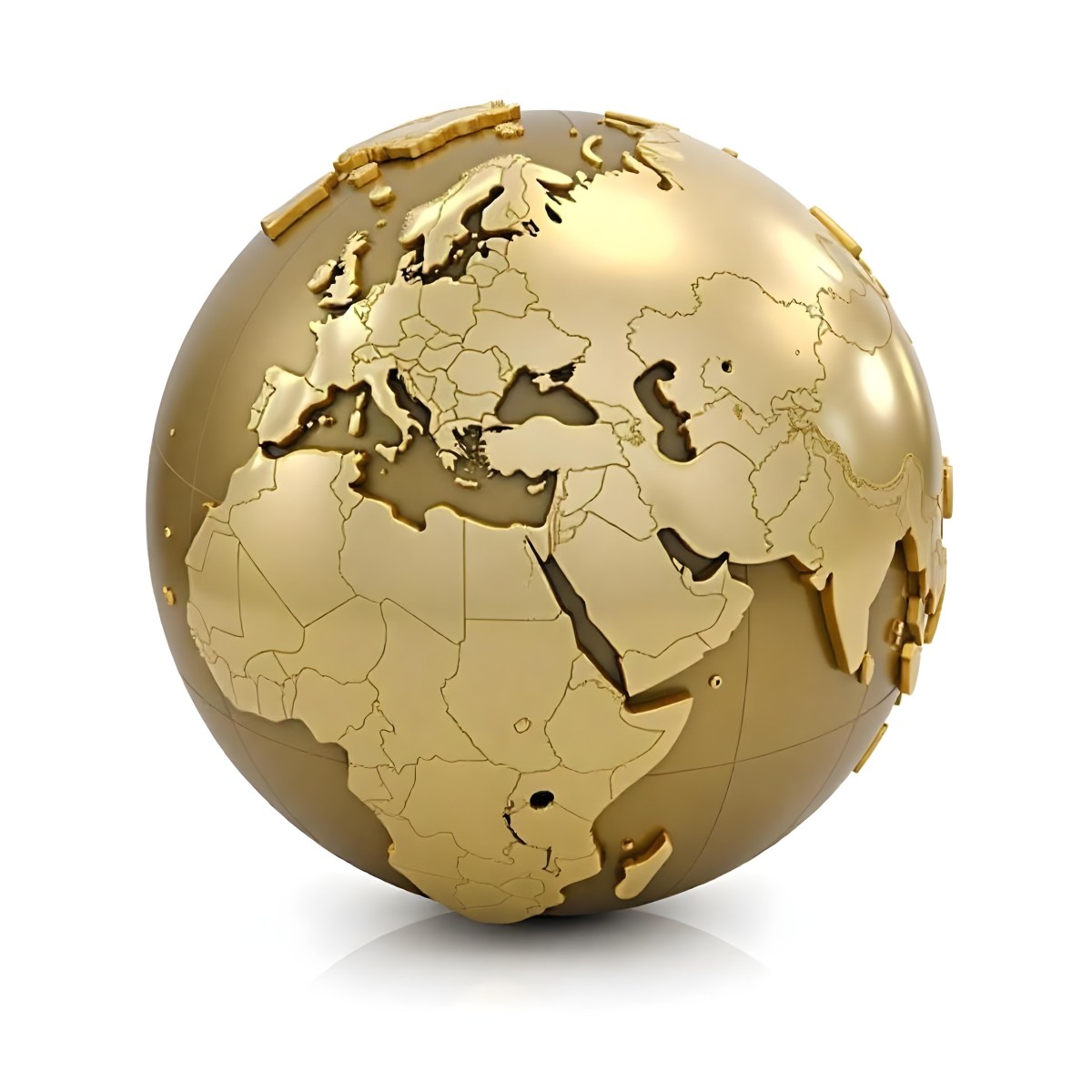 A Golden Globe With The Continents Of Europe Africa And Asia On A White Background With A Reflection On The Floor 19 3c07