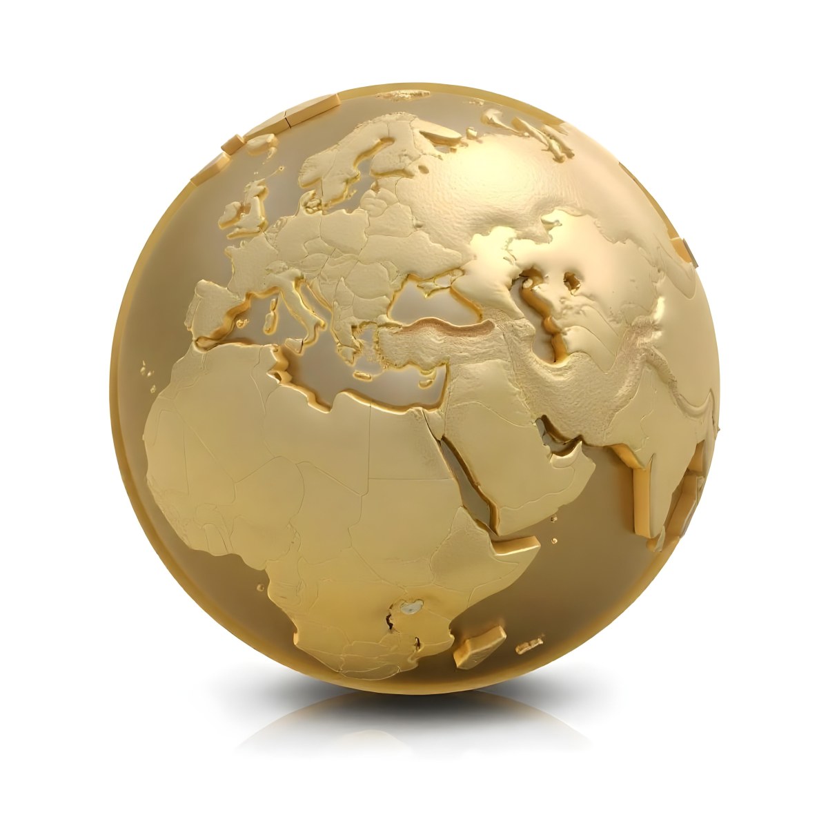 A Golden Globe With The Continents Of Europe Africa And Asia On A White Background With A Reflection On The Floor 20 08b9