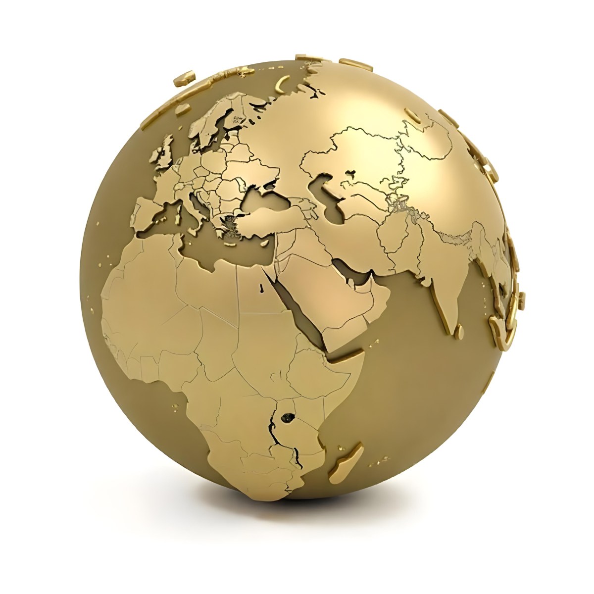 A Golden Globe With The Continents Of Europe Africa And Asia On A White Background With A Reflection On The Floor 21 72dd
