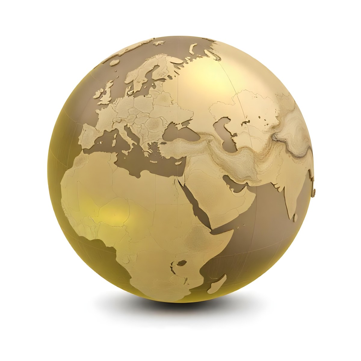 A Golden Globe With The Continents Of Europe Africa And Asia On A White Background With A Reflection On The Floor 23 E16a