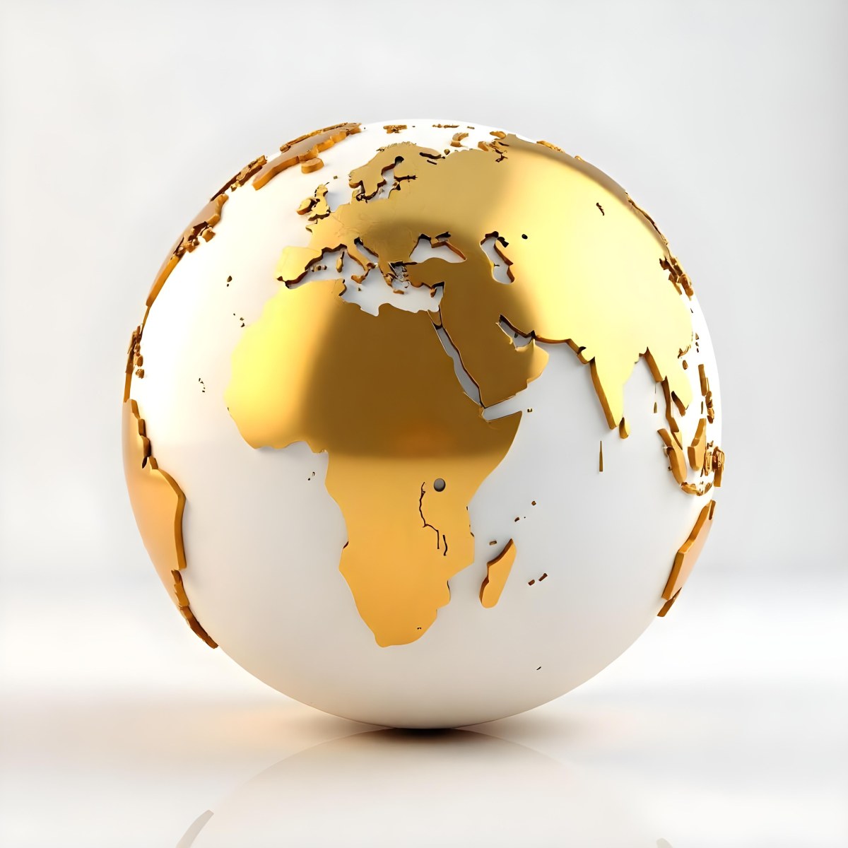 A Golden Globe With The Continents Of Europe Africa And Asia On A White Background With A Reflection On The Floor 4 B1e0
