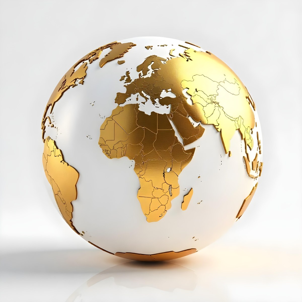 A Golden Globe With The Continents Of Europe Africa And Asia On A White Background With A Reflection On The Floor 7 C08e