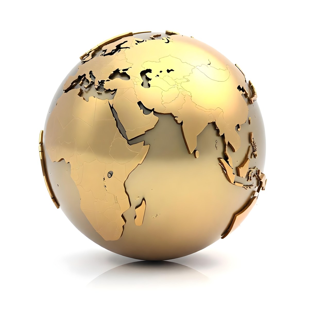 A Golden Globe With The Continents Of Europe Africa And Asia On A White Background With A Reflection On The Floor 8 55ff