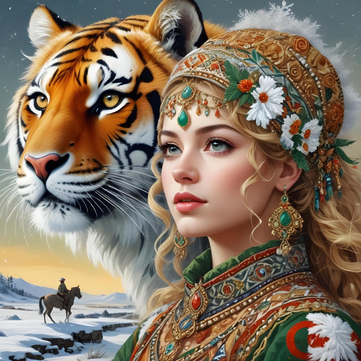 A White Woman 22 Years Old With Curly Blonde Hair Wearing A Traditional Algerian Dress And Jewelry A Tiger Behind Her A Man Riding A Horse In A Snowy Landscape 5 456f