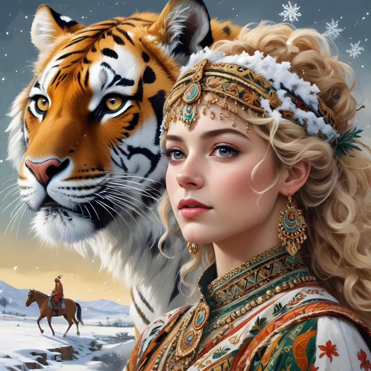 A White Woman 22 Years Old With Curly Blonde Hair Wearing A Traditional Algerian Dress And Jewelry A Tiger Behind Her A Man Riding A Horse In A Snowy Landscape 6 Ac87