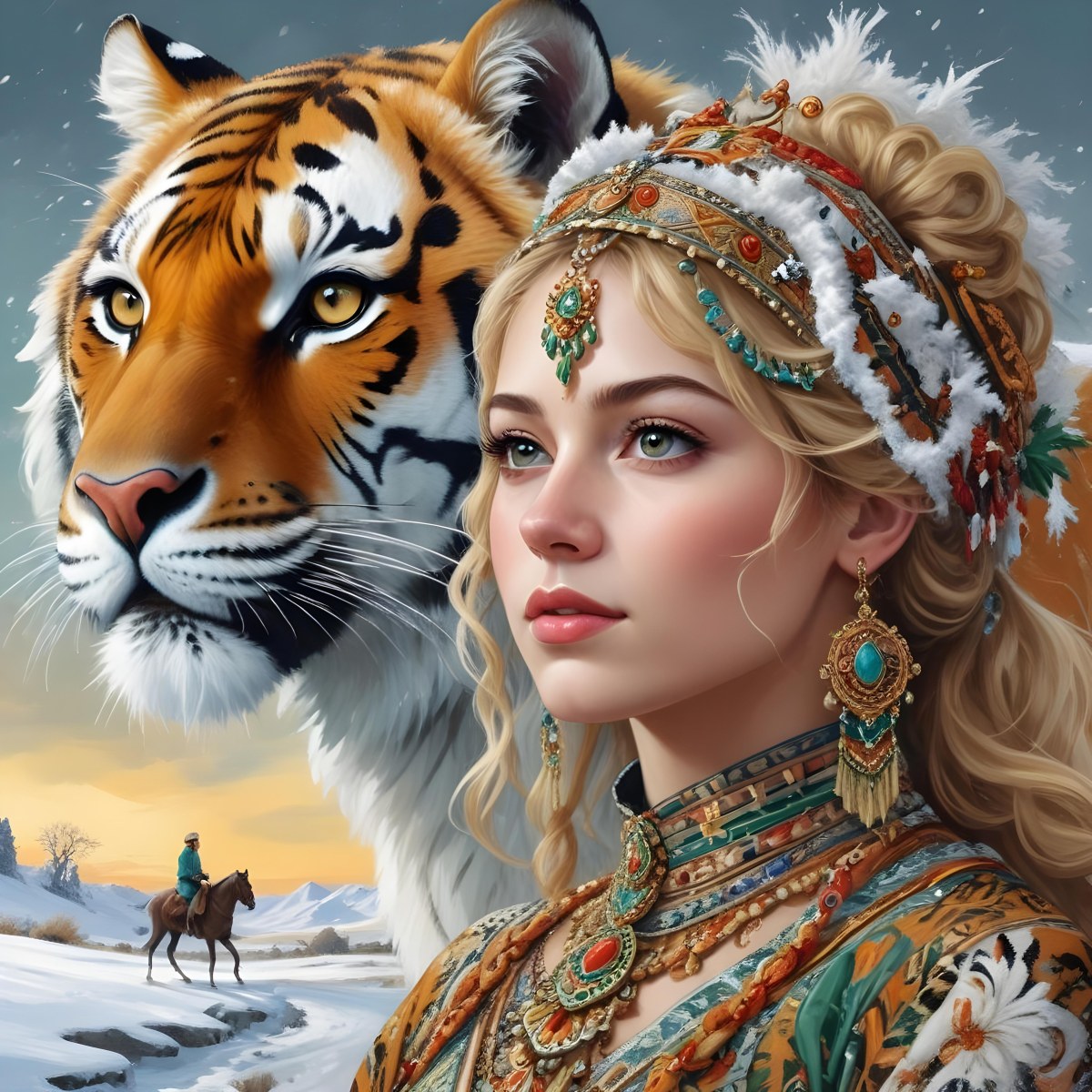 A White Woman 22 Years Old With Curly Blonde Hair Wearing A Traditional Algerian Dress And Jewelry A Tiger Behind Her A Man Riding A Horse In A Snowy Landscape 9 Abfc