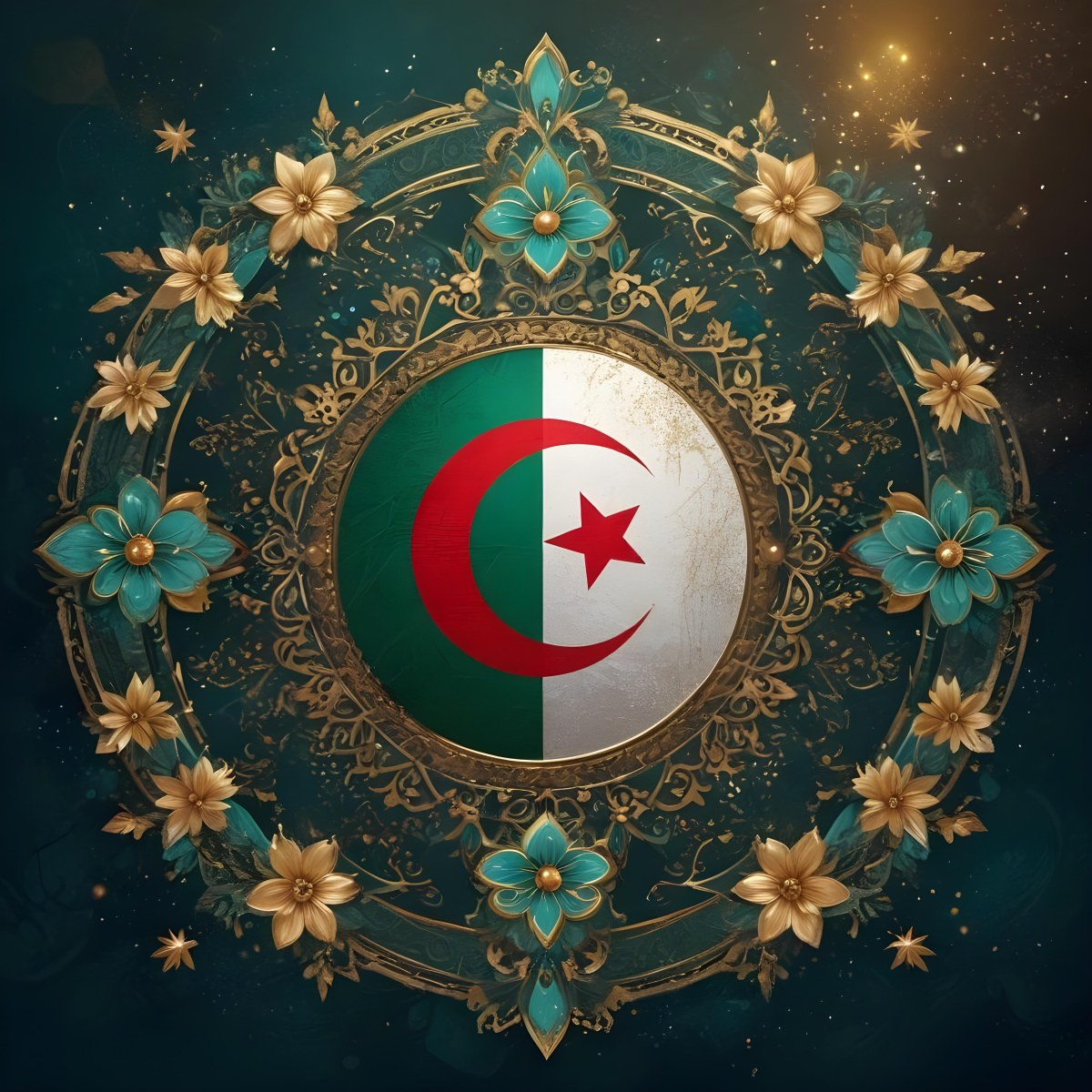 Algerian Flag In A Circular Shape Surrounded By Golden And Turquoise Floral Ornaments Stars And Intricate Details Set Against A Dark Background With Bokeh Effects 11 75bb