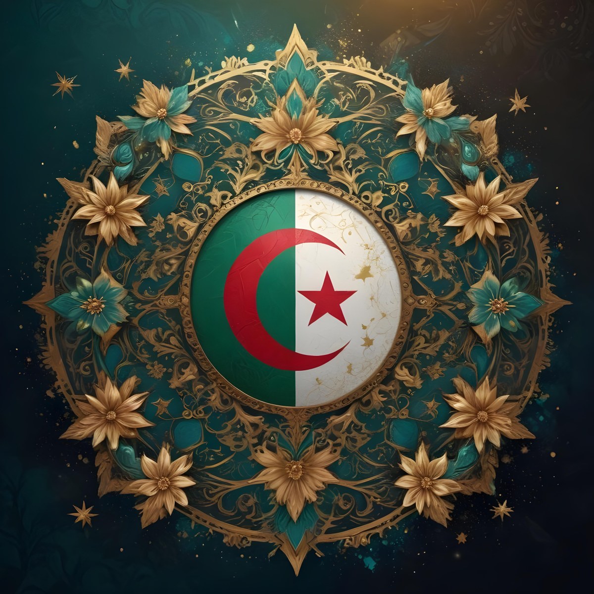 Algerian Flag In A Circular Shape Surrounded By Golden And Turquoise Floral Ornaments Stars And Intricate Details Set Against A Dark Background With Bokeh Effects 12 4f8f