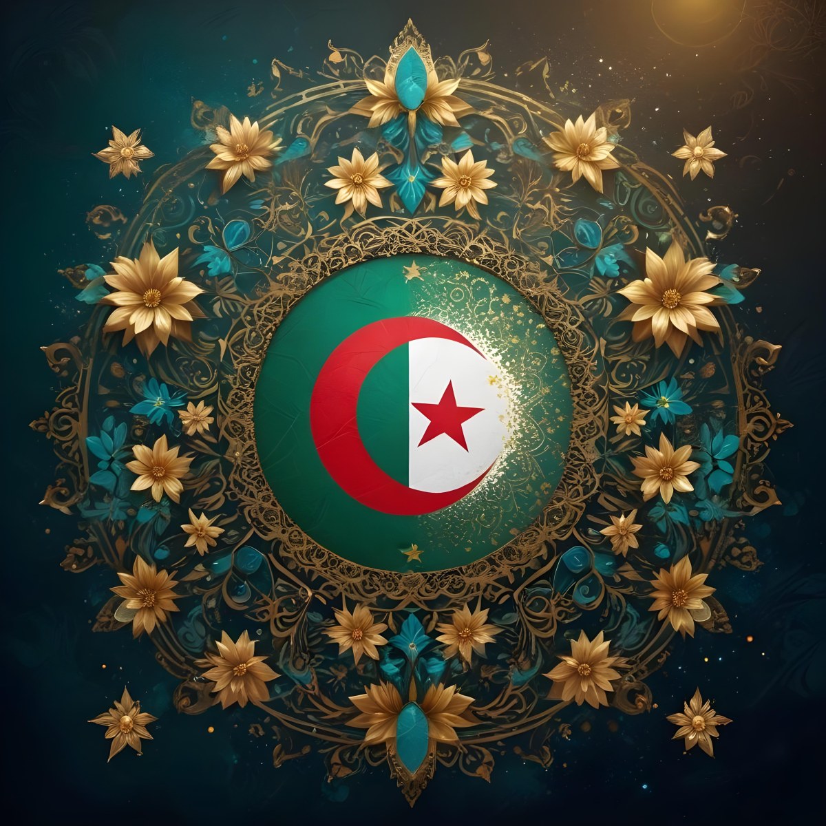 Algerian Flag In A Circular Shape Surrounded By Golden And Turquoise Floral Ornaments Stars And Intricate Details Set Against A Dark Background With Bokeh Effects 13 5195