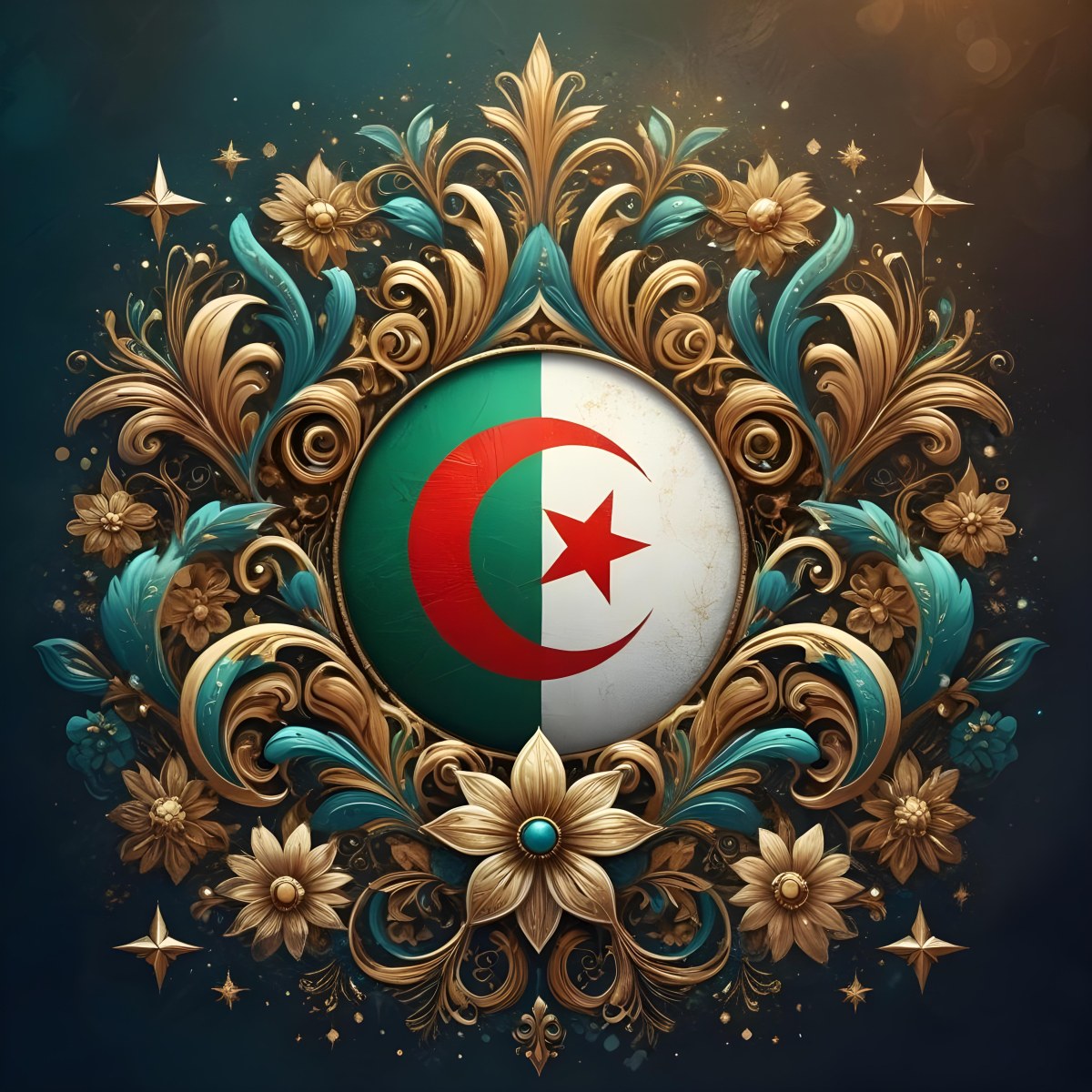 Algerian Flag In A Circular Shape Surrounded By Golden And Turquoise Floral Ornaments Stars And Intricate Details Set Against A Dark Background With Bokeh Effects 16 D27a