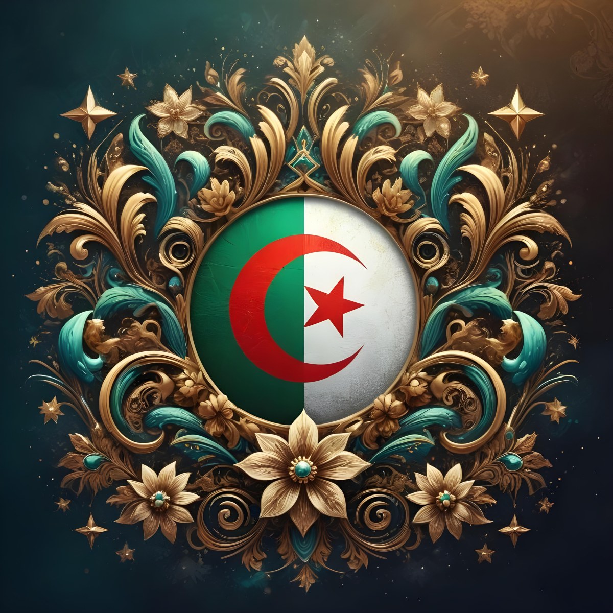 Algerian Flag In A Circular Shape Surrounded By Golden And Turquoise Floral Ornaments Stars And Intricate Details Set Against A Dark Background With Bokeh Effects 19 3458