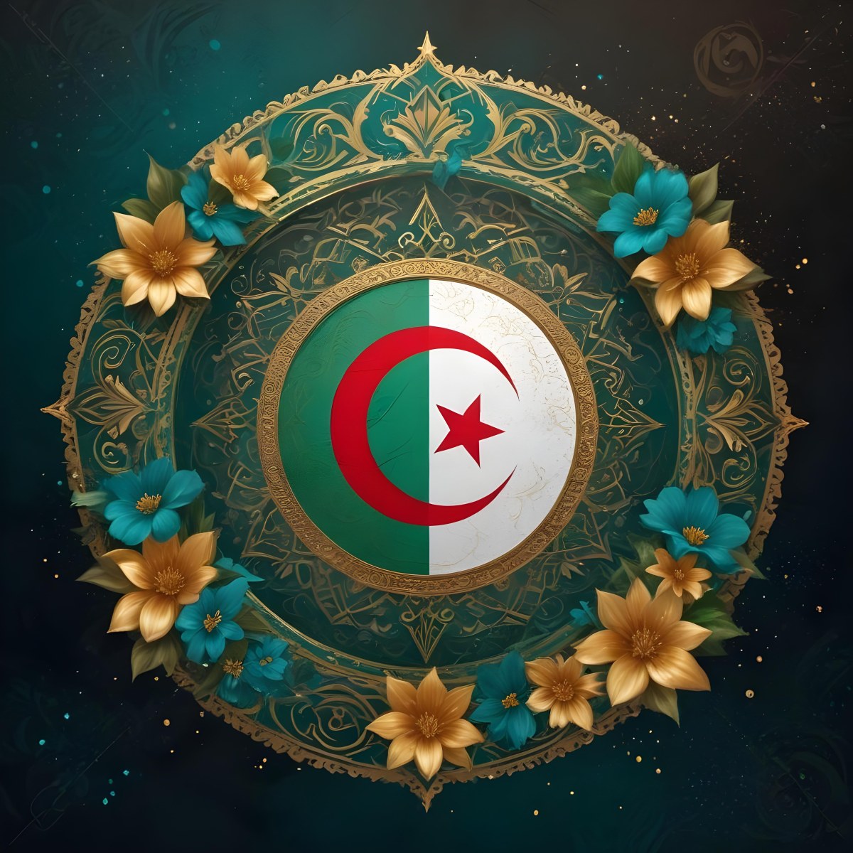 Algerian Flag In A Circular Shape Surrounded By Golden And Turquoise Floral Ornaments Stars And Intricate Details Set Against A Dark Background With Bokeh Effects 2 1d2f