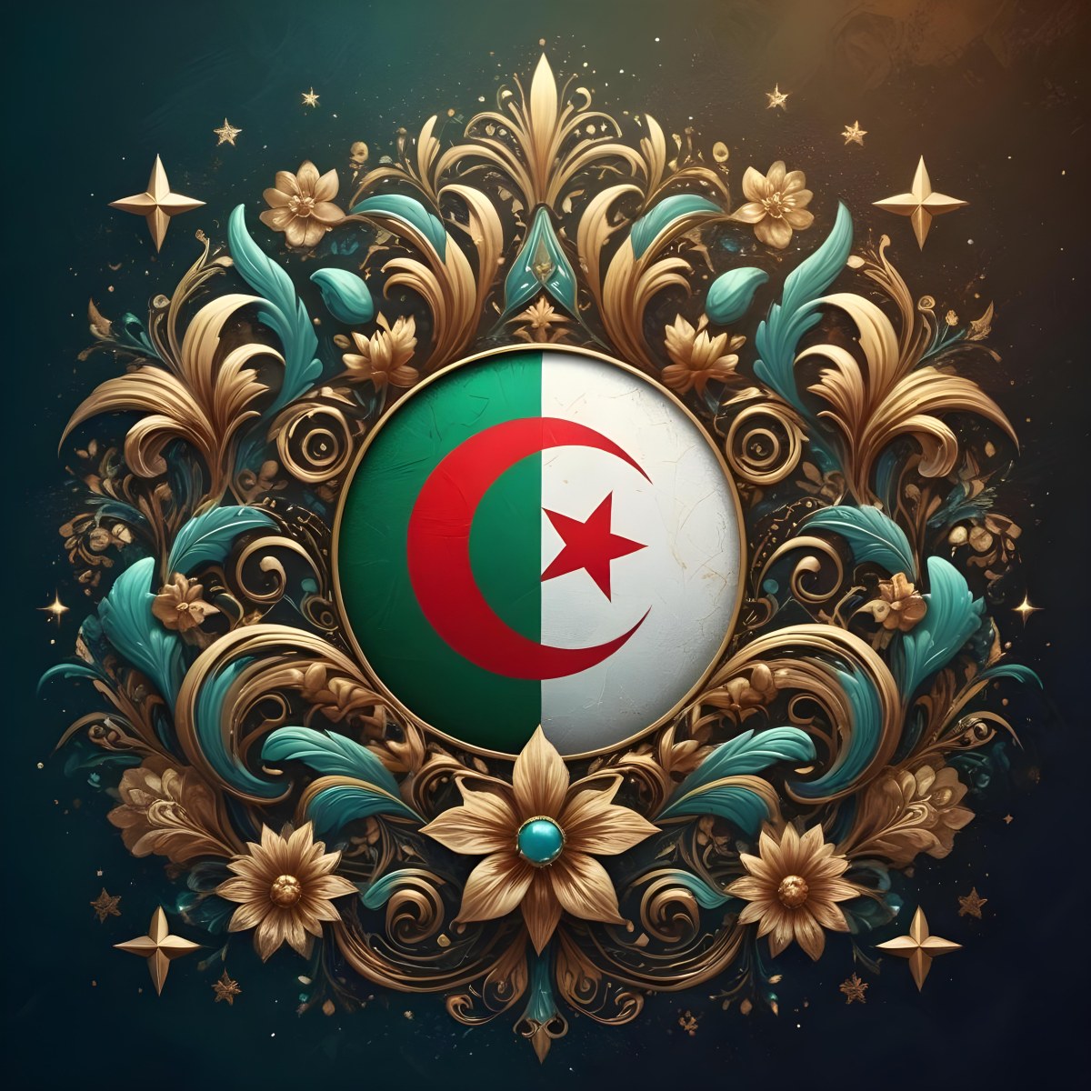 Algerian Flag In A Circular Shape Surrounded By Golden And Turquoise Floral Ornaments Stars And Intricate Details Set Against A Dark Background With Bokeh Effects 20 51a0