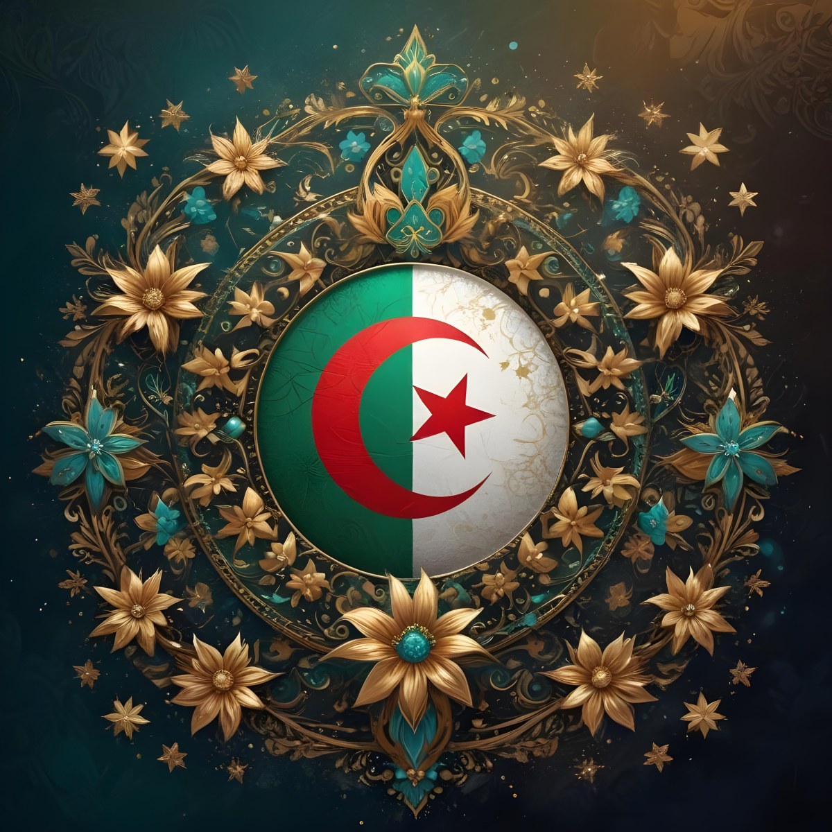 Algerian Flag In A Circular Shape Surrounded By Golden And Turquoise Floral Ornaments Stars And Intricate Details Set Against A Dark Background With Bokeh Effects 21 9d17