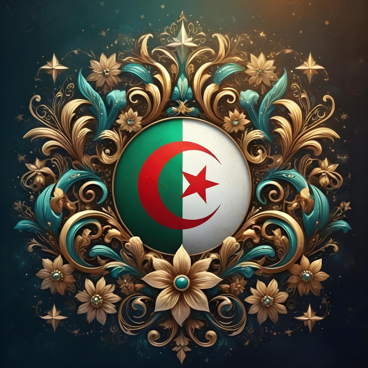Algerian Flag In A Circular Shape Surrounded By Golden And Turquoise Floral Ornaments Stars And Intricate Details Set Against A Dark Background With Bokeh Effects 22 Dfc7
