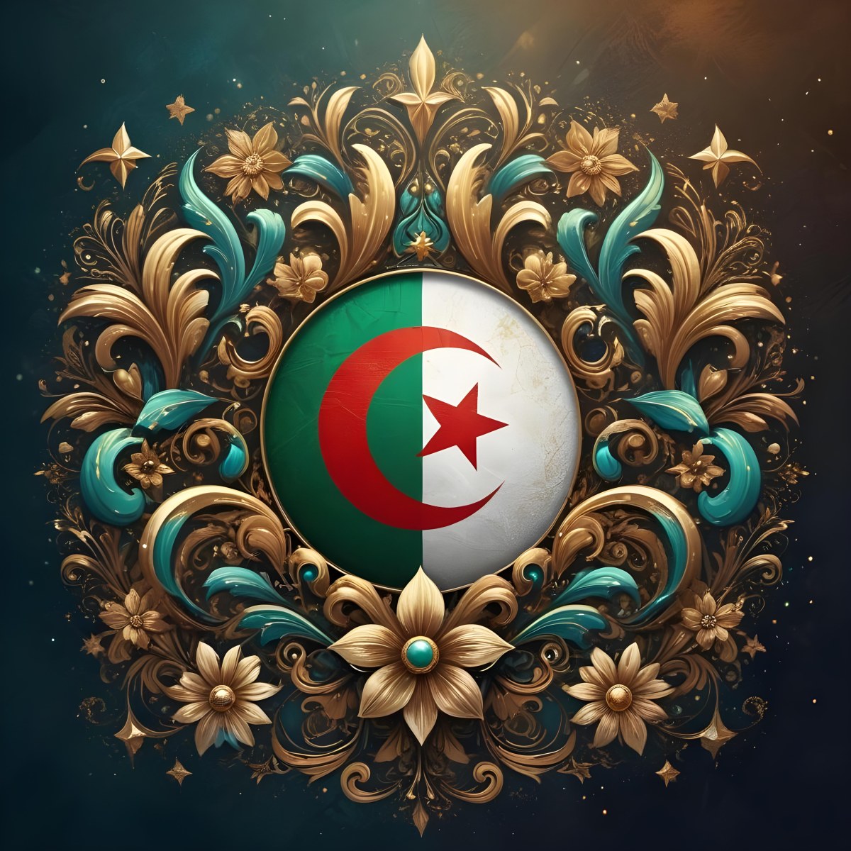 Algerian Flag In A Circular Shape Surrounded By Golden And Turquoise Floral Ornaments Stars And Intricate Details Set Against A Dark Background With Bokeh Effects 23 A169