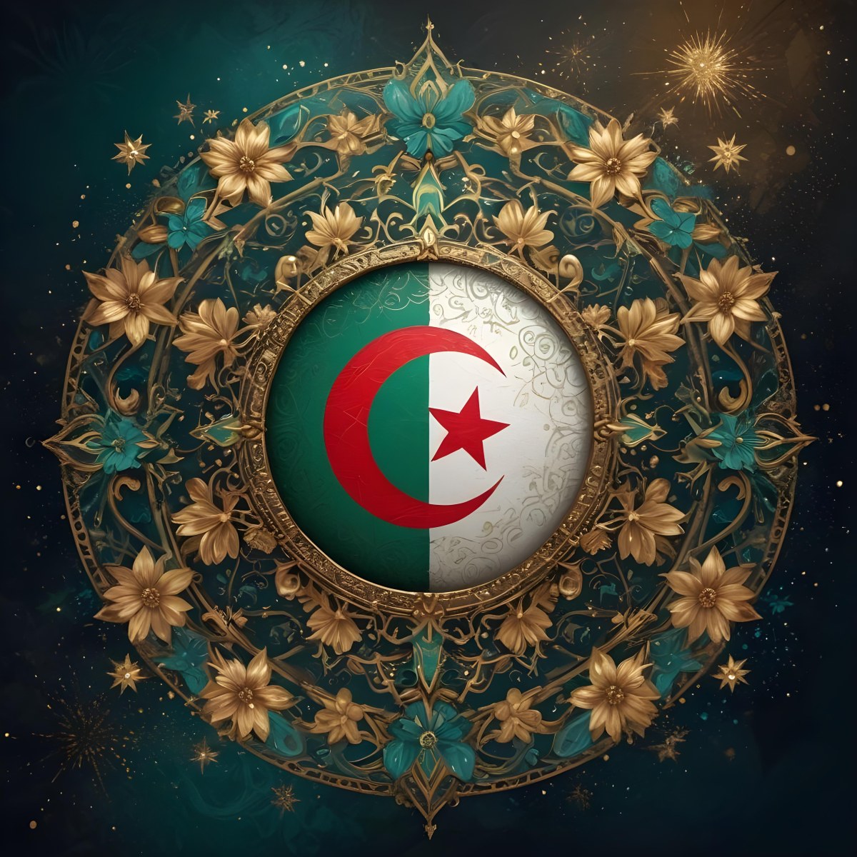Algerian Flag In A Circular Shape Surrounded By Golden And Turquoise Floral Ornaments Stars And Intricate Details Set Against A Dark Background With Bokeh Effects 5 0f9a