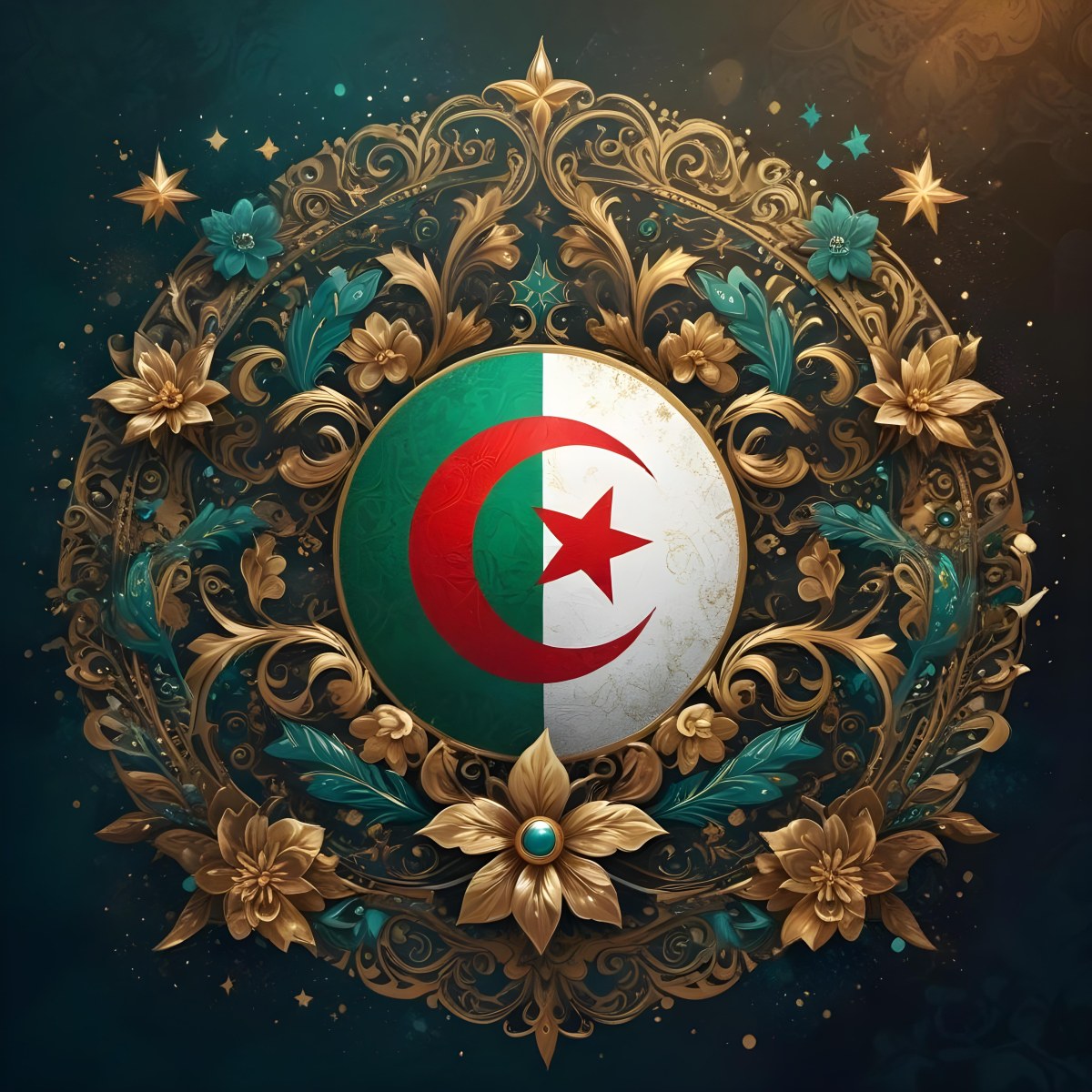 Algerian Flag In A Circular Shape Surrounded By Golden And Turquoise Floral Ornaments Stars And Intricate Details Set Against A Dark Background With Bokeh Effects 6 C30d