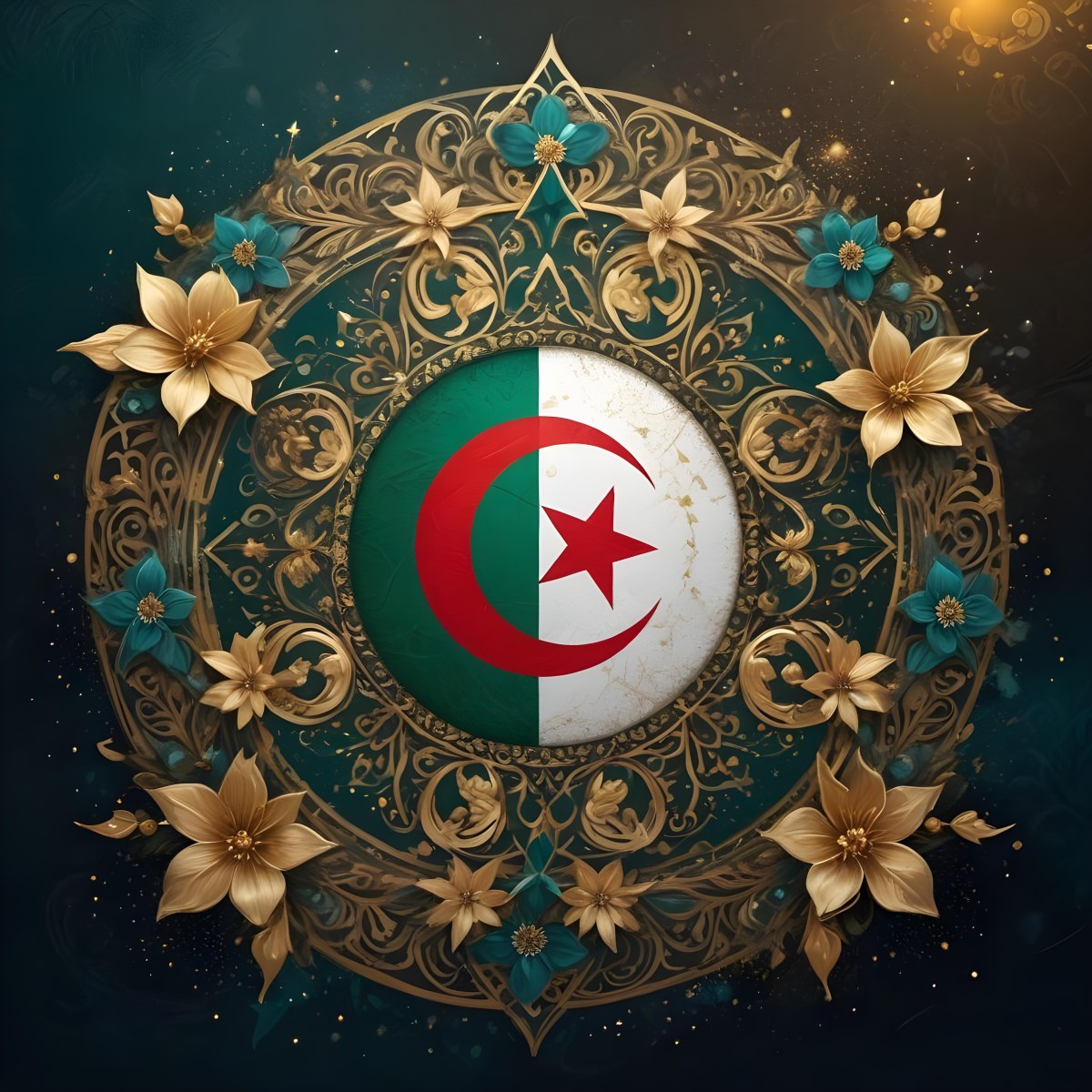 Algerian Flag In A Circular Shape Surrounded By Golden And Turquoise Floral Ornaments Stars And Intricate Details Set Against A Dark Background With Bokeh Effects 7 1208