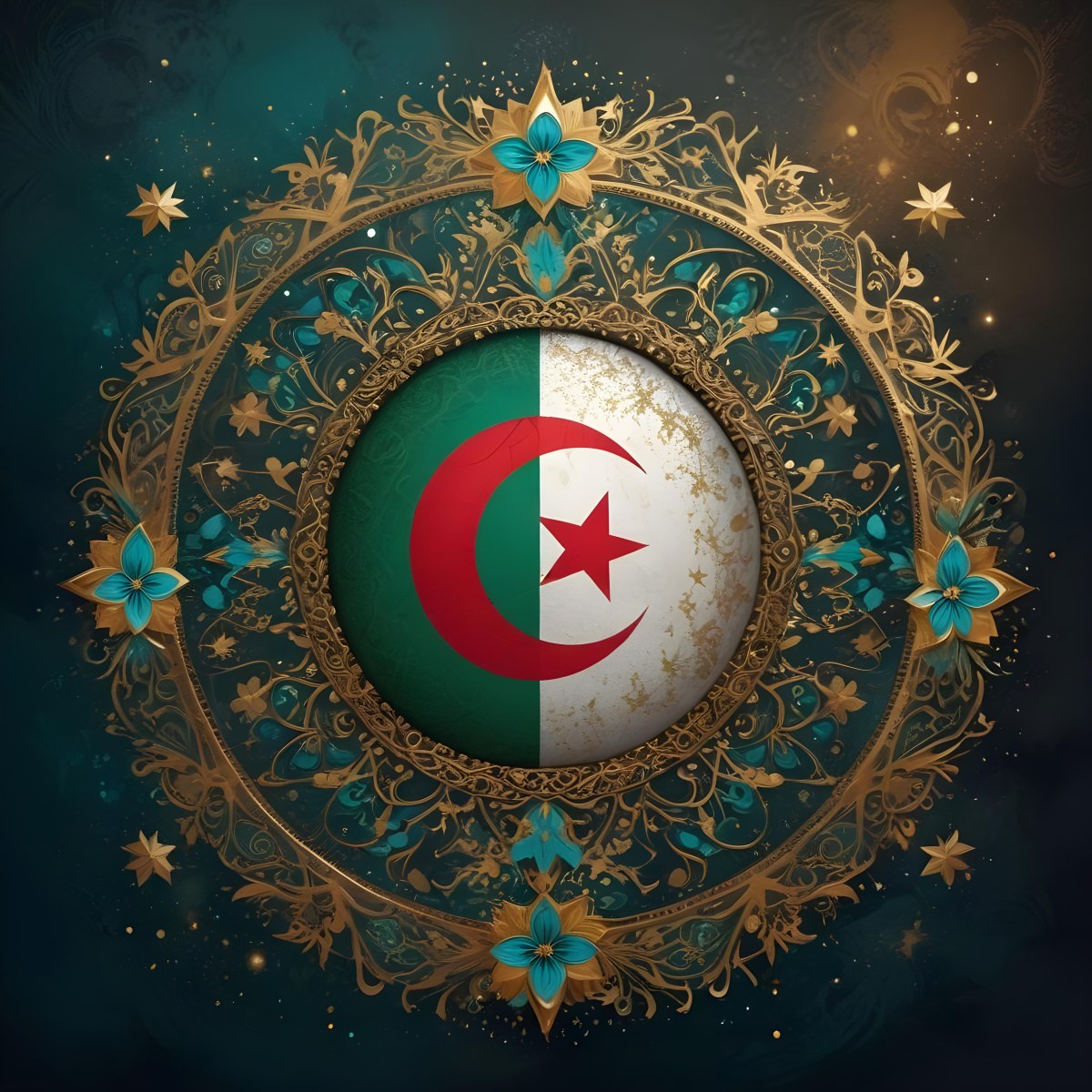 Algerian Flag In A Circular Shape Surrounded By Golden And Turquoise Floral Ornaments Stars And Intricate Details Set Against A Dark Background With Bokeh Effects 8 Ad73