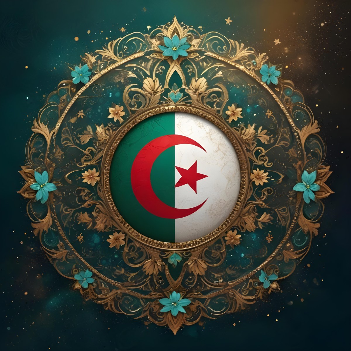 Algerian Flag In A Circular Shape Surrounded By Golden And Turquoise Floral Ornaments Stars And Intricate Details Set Against A Dark Background With Bokeh Effects 9 D4e5