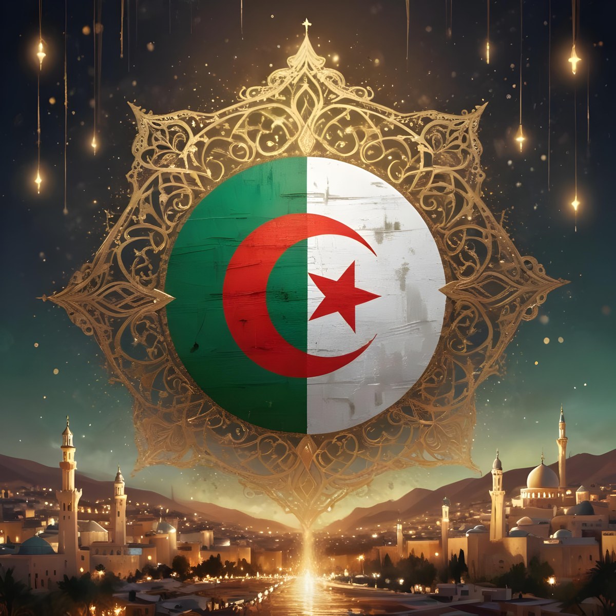 Algerian Flag With A Golden Ornament City Landscape With Mosques And Minarets At Night Golden Bokeh Lights Falling From The Sky 1 C684