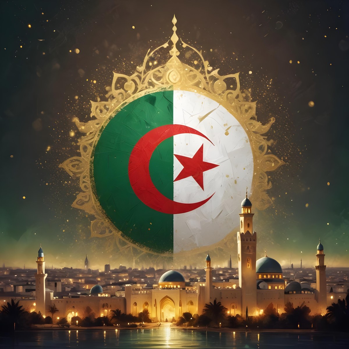 Algerian Flag With A Golden Ornament City Landscape With Mosques And Minarets At Night Golden Bokeh Lights Falling From The Sky 12 3b98