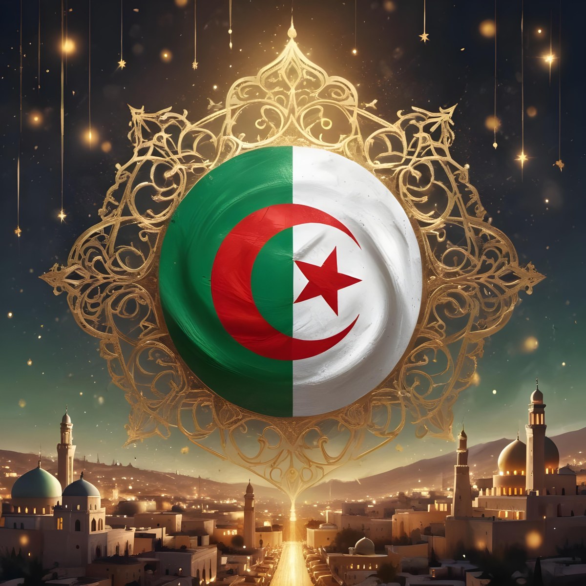 Algerian Flag With A Golden Ornament City Landscape With Mosques And Minarets At Night Golden Bokeh Lights Falling From The Sky 14 4e9a