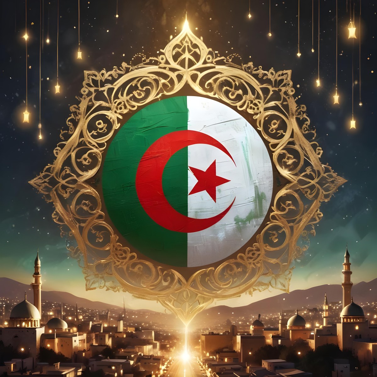Algerian Flag With A Golden Ornament City Landscape With Mosques And Minarets At Night Golden Bokeh Lights Falling From The Sky 15 7256