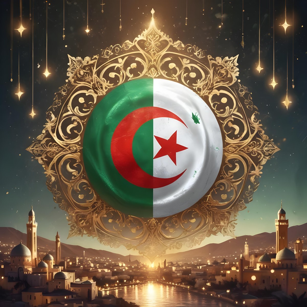 Algerian Flag With A Golden Ornament City Landscape With Mosques And Minarets At Night Golden Bokeh Lights Falling From The Sky 17 55d5