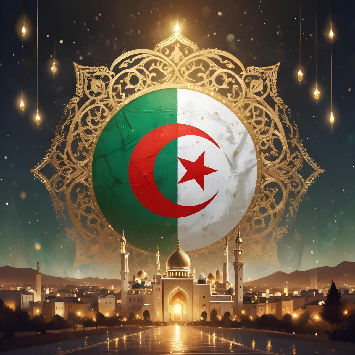 Algerian Flag With A Golden Ornament City Landscape With Mosques And Minarets At Night Golden Bokeh Lights Falling From The Sky 2 B8e6