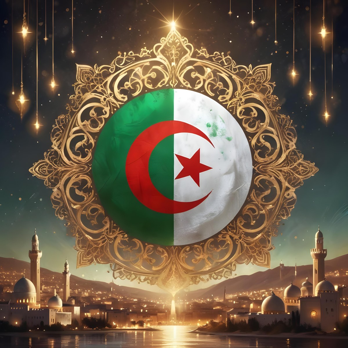 Algerian Flag With A Golden Ornament City Landscape With Mosques And Minarets At Night Golden Bokeh Lights Falling From The Sky 5 9ef5