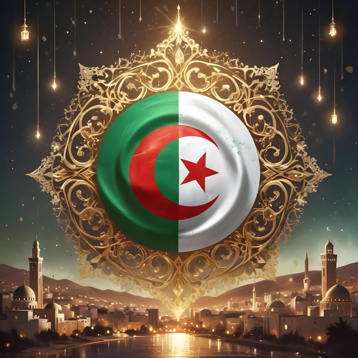 Algerian Flag With A Golden Ornament City Landscape With Mosques And Minarets At Night Golden Bokeh Lights Falling From The Sky 7 Bf73