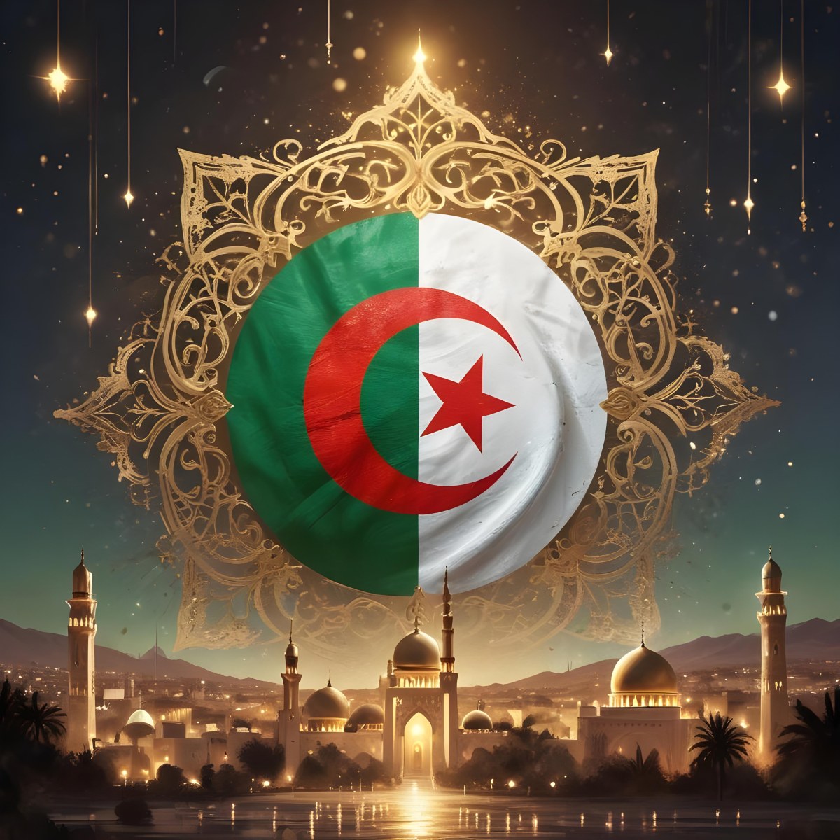 Algerian Flag With A Golden Ornament City Landscape With Mosques And Minarets At Night Golden Bokeh Lights Falling From The Sky 8 20f7