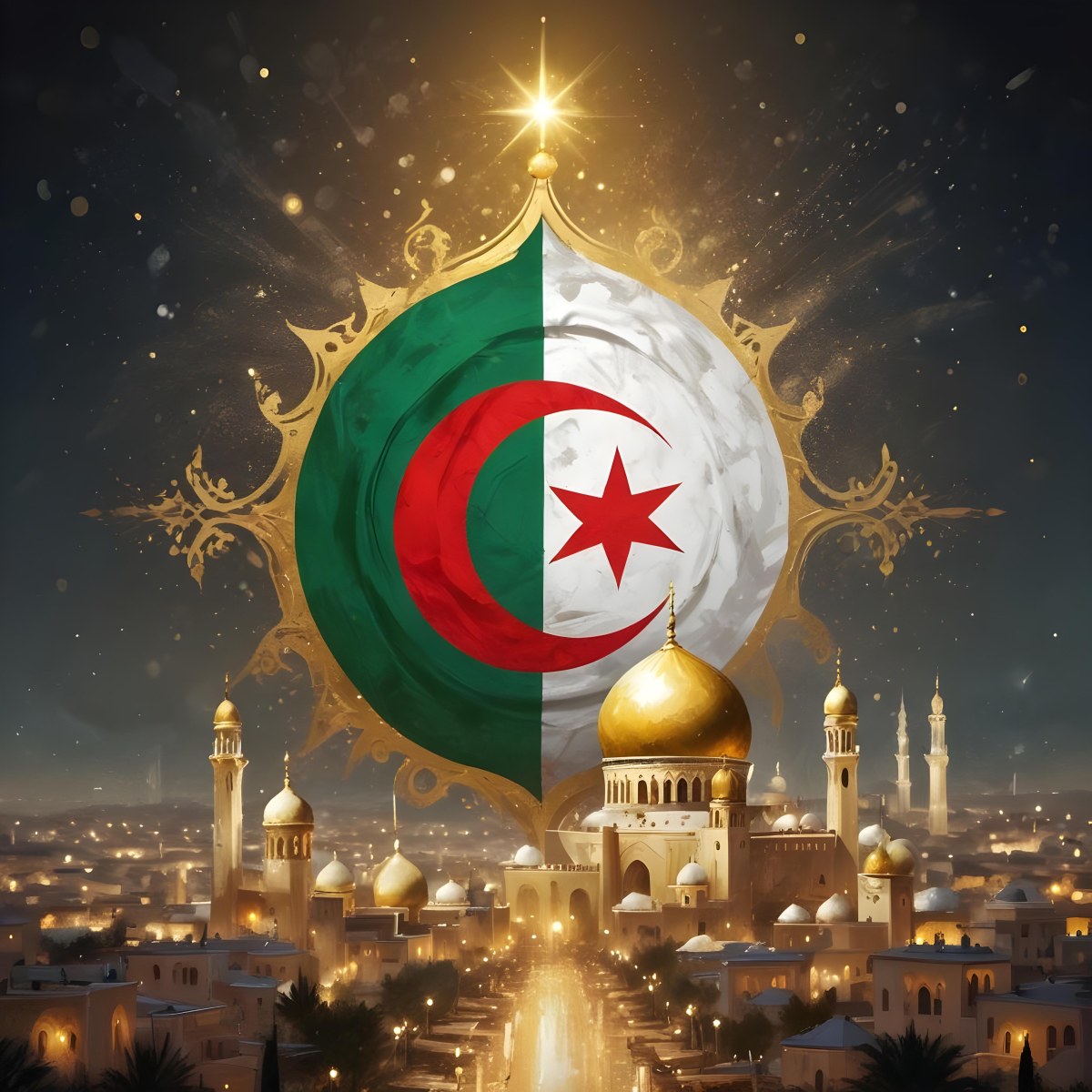 Algerian Flag With A Golden Ornament City Landscape With Mosques And Minarets At Night Golden Bokeh Lights Falling From The Sky 9 991d