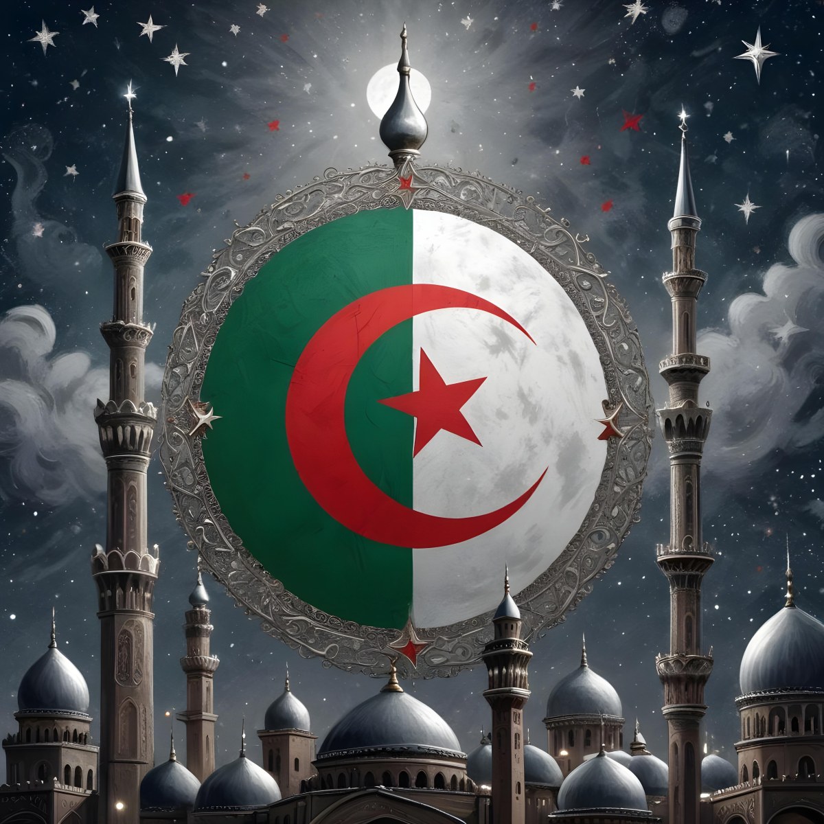 Algerian Flag With A Red Crescent And Star Surrounded By Ornate Silver Decorations Minarets Stars And Stars Set Against A Dark Starry Night Sky 2 4524