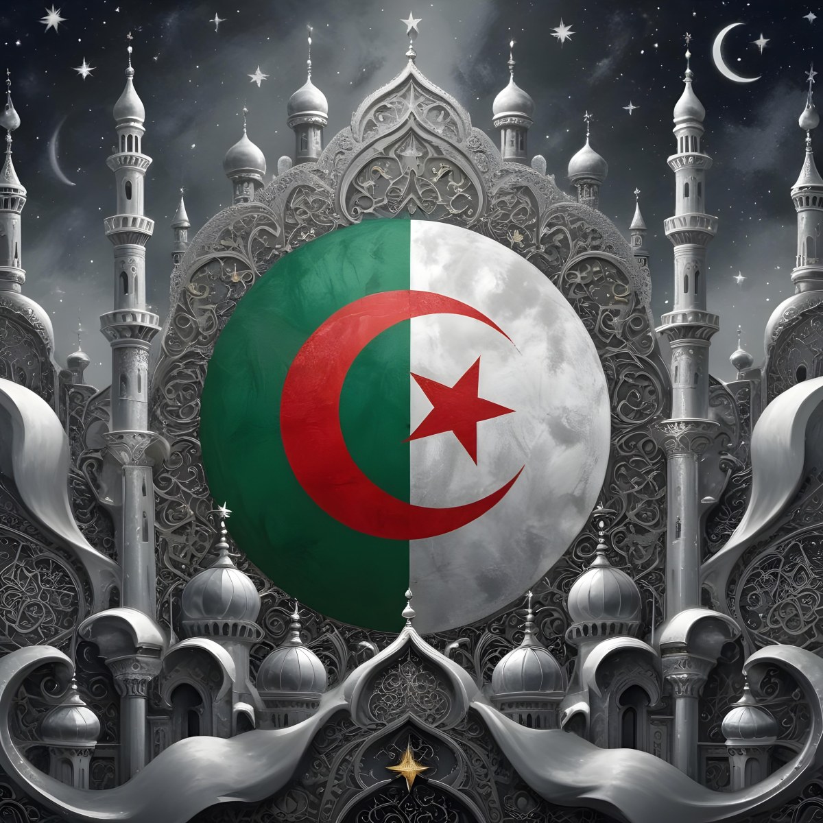 Algerian Flag With A Red Crescent And Star Surrounded By Ornate Silver Decorations Minarets Stars And Stars Set Against A Dark Starry Night Sky 3 Ea33