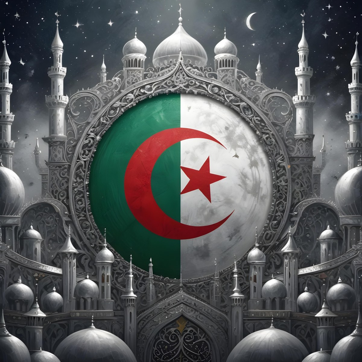 Algerian Flag With A Red Crescent And Star Surrounded By Ornate Silver Decorations Minarets Stars And Stars Set Against A Dark Starry Night Sky 4 7864