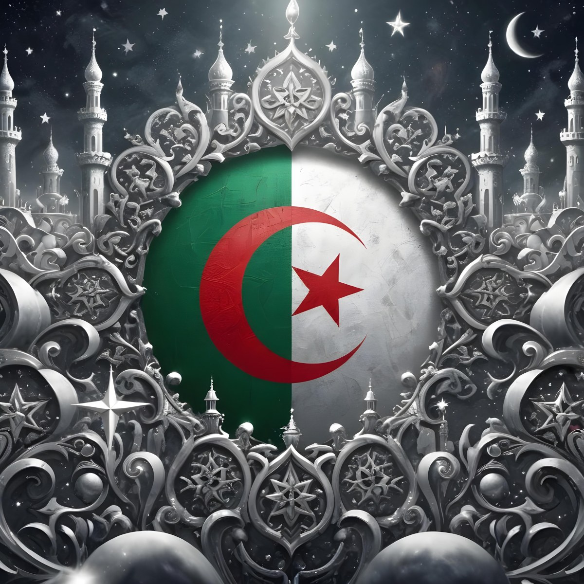 Algerian Flag With A Red Crescent And Star Surrounded By Ornate Silver Decorations Minarets Stars And Stars Set Against A Dark Starry Night Sky 6 Baf1