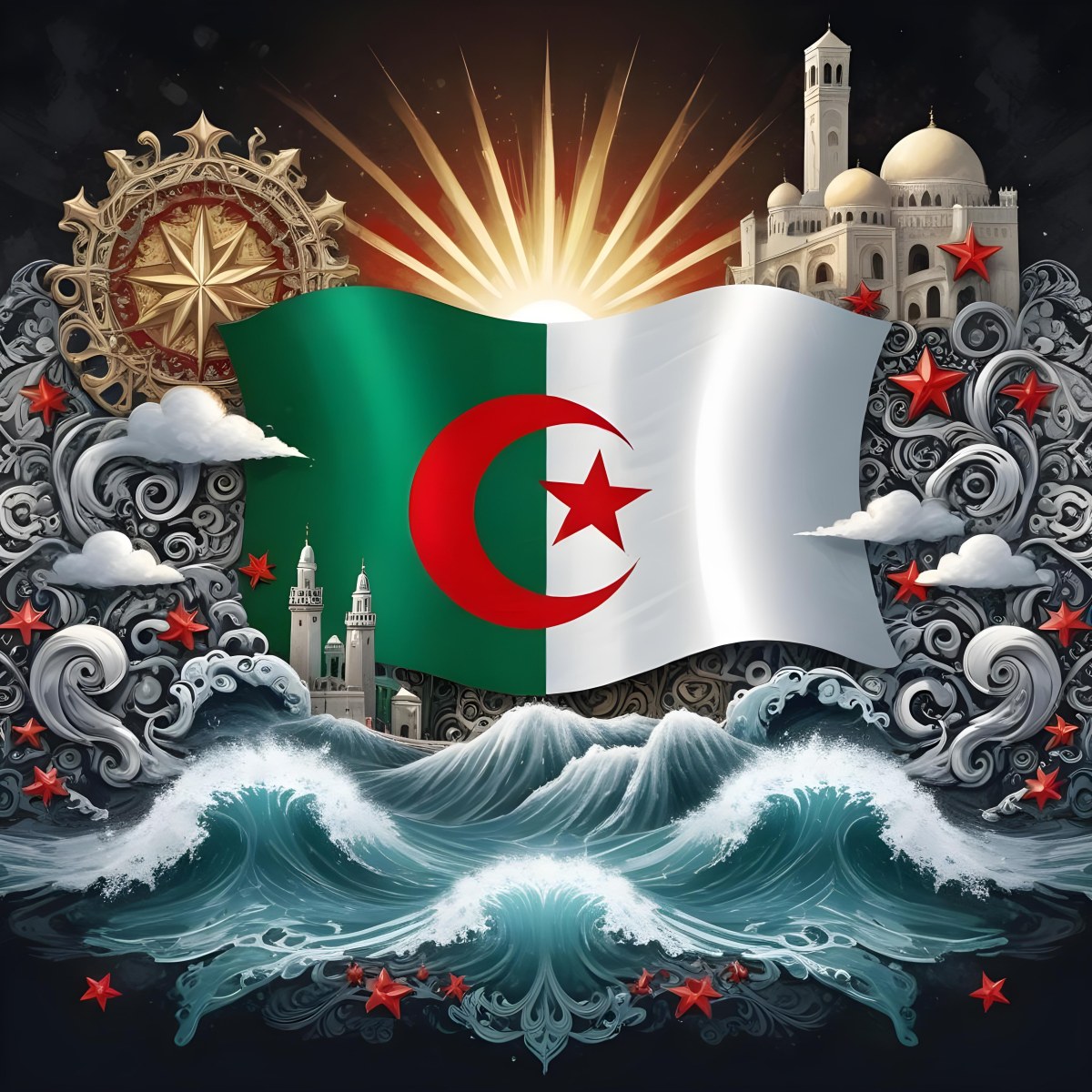Algerian Flag With A Red Star And Crescent Surrounded By Traditional Symbols Waves And Architectural Elements Set Against A Dark Background With Radiating Light 10 A969