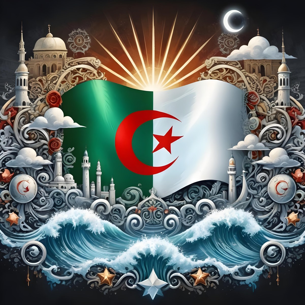 Algerian Flag With A Red Star And Crescent Surrounded By Traditional Symbols Waves And Architectural Elements Set Against A Dark Background With Radiating Light 2 E5eb