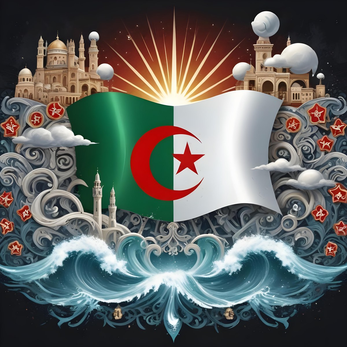 Algerian Flag With A Red Star And Crescent Surrounded By Traditional Symbols Waves And Architectural Elements Set Against A Dark Background With Radiating Light 23 05ca