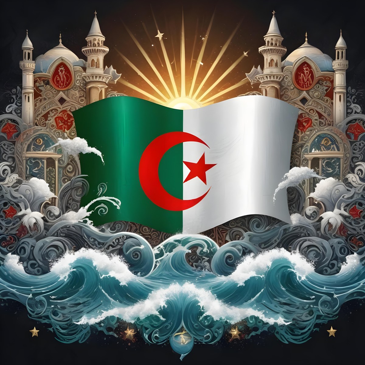 Algerian Flag With A Red Star And Crescent Surrounded By Traditional Symbols Waves And Architectural Elements Set Against A Dark Background With Radiating Light 43 Bf16