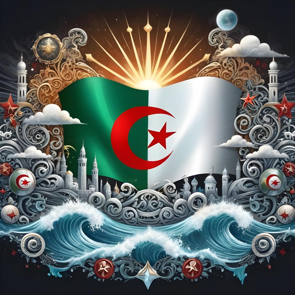 Algerian Flag With A Red Star And Crescent Surrounded By Traditional Symbols Waves And Architectural Elements Set Against A Dark Background With Radiating Light 49 E954