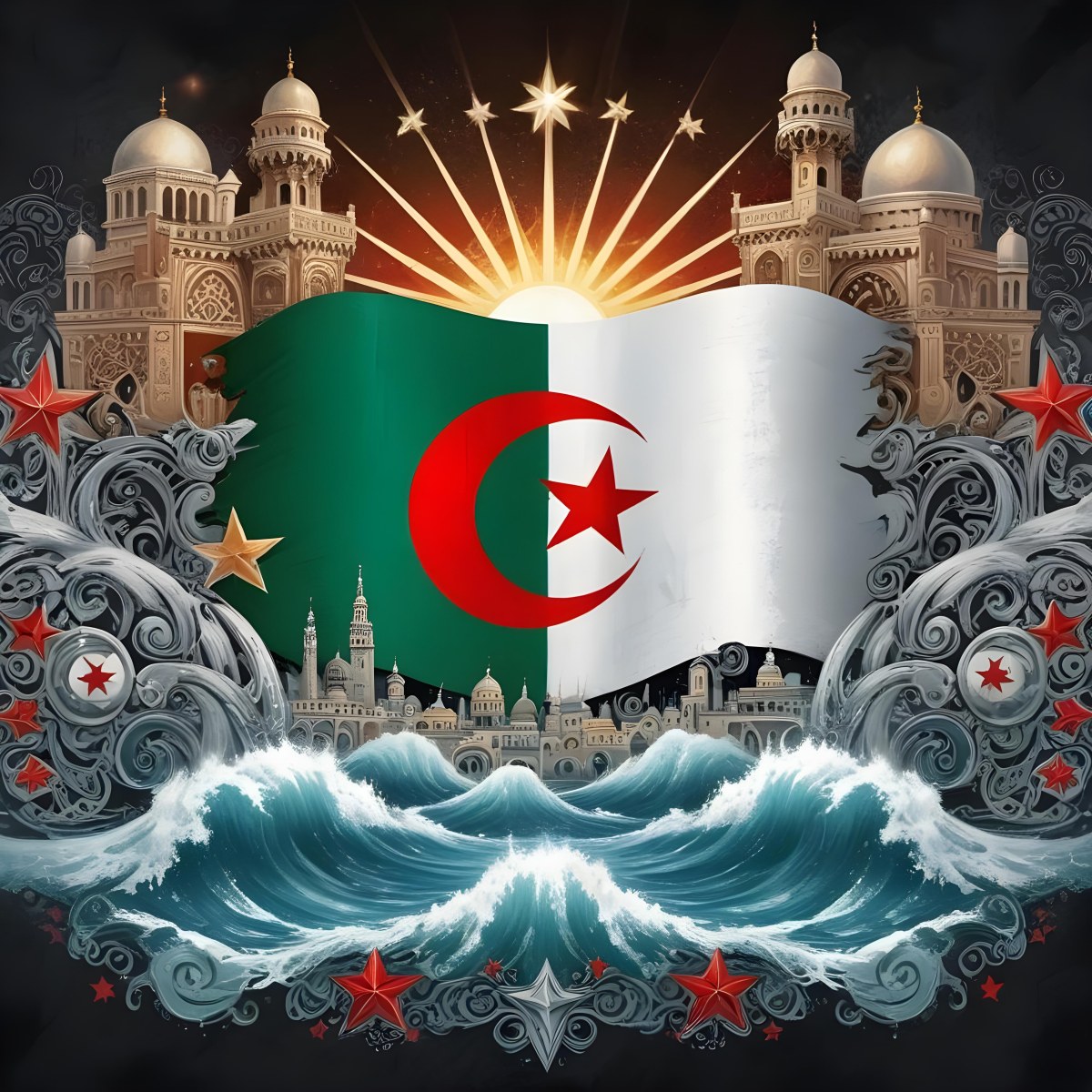 Algerian Flag With A Red Star And Crescent Surrounded By Traditional Symbols Waves And Architectural Elements Set Against A Dark Background With Radiating Light 52 F445